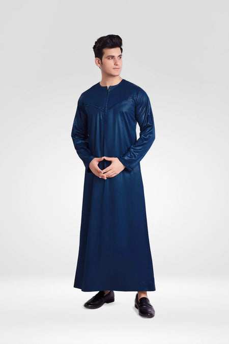 Premium Shiny Omani Thobe With Front Zip Navy Blue almanaar