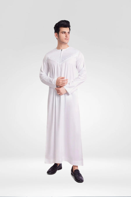 Premium Shiny Omani Thobe With Front Zip White almanaar