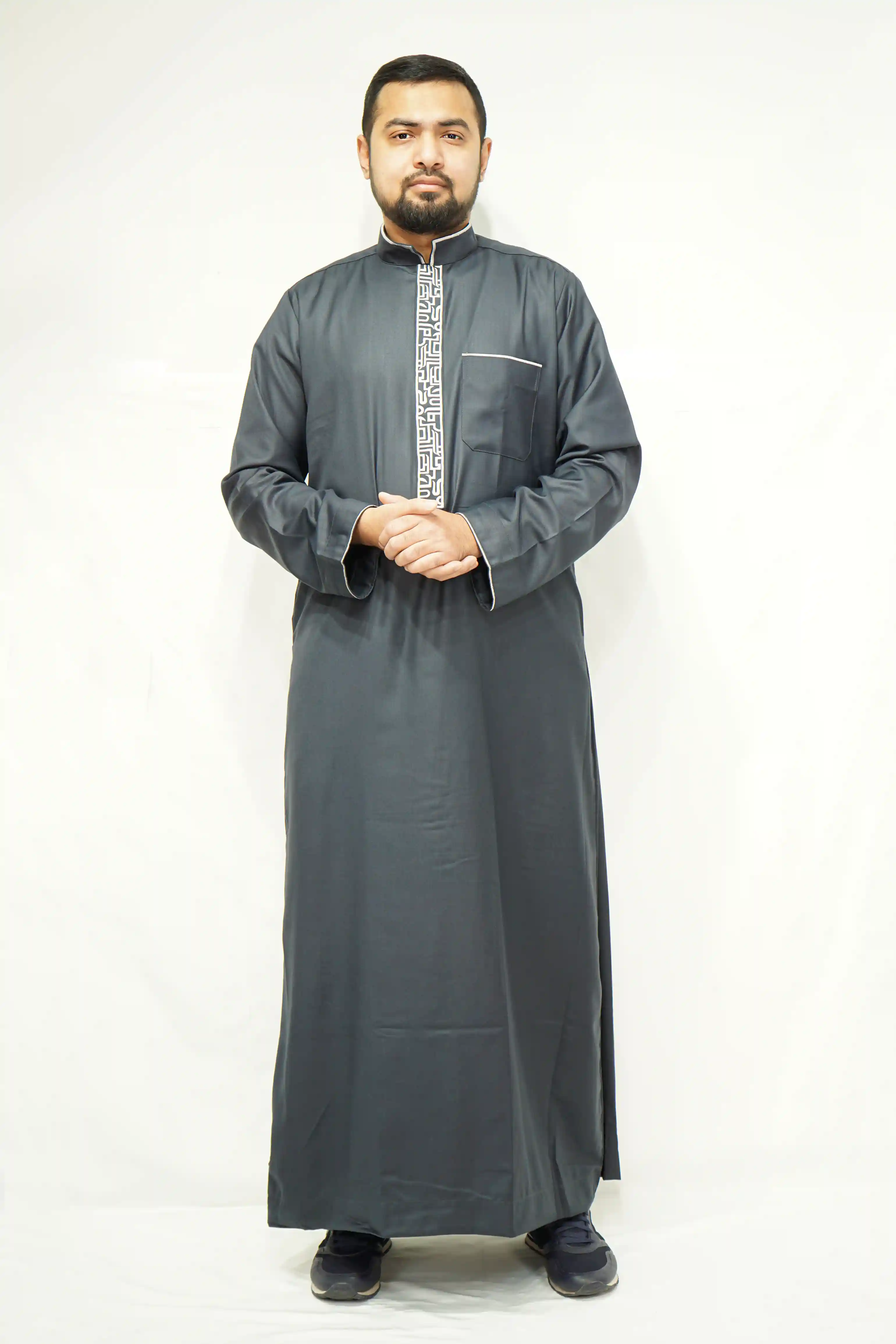 Dark Grey Luxury Designer Thobe With Collar - almanaar Islamic Store