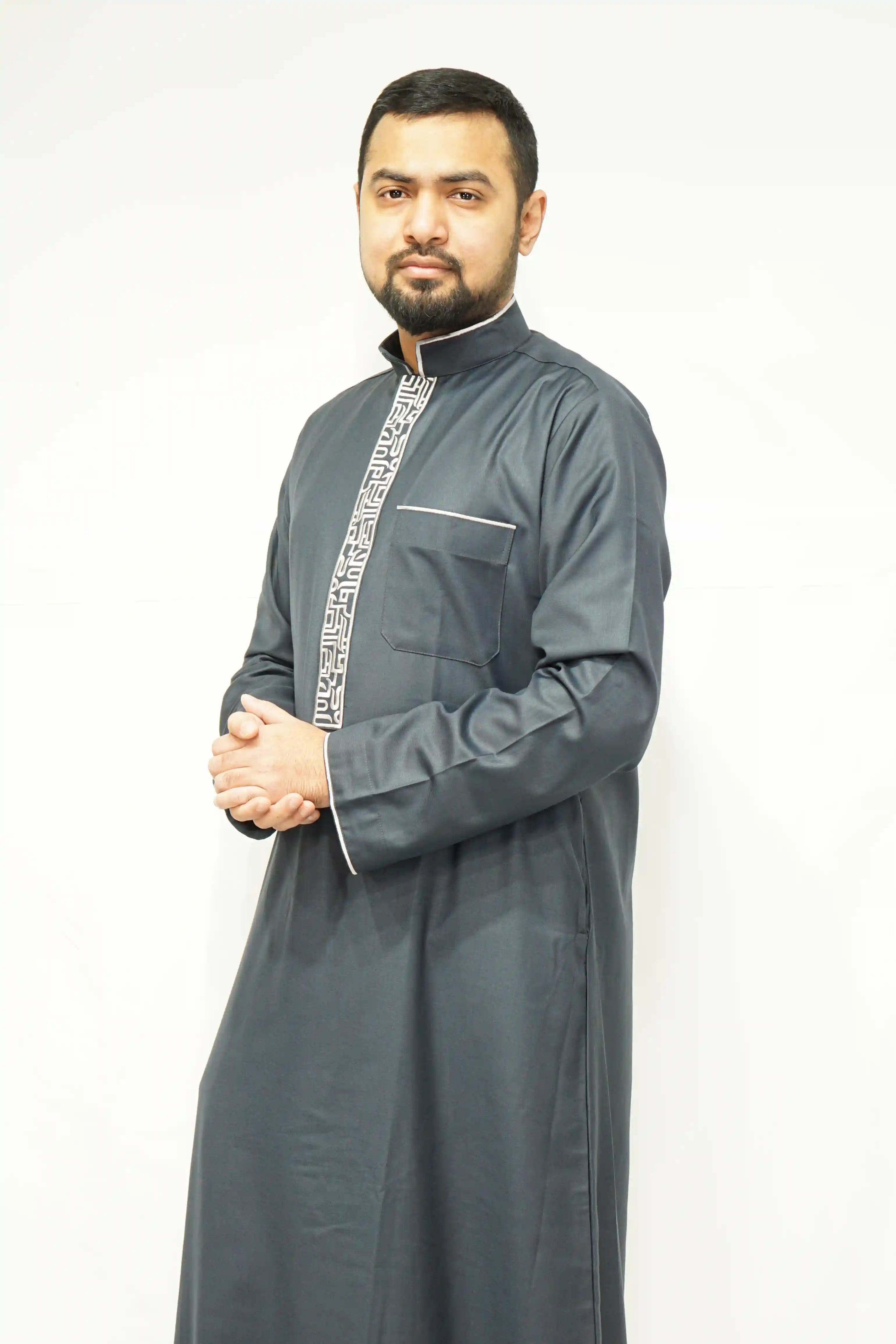 Dark Grey Luxury Designer Thobe With Collar - almanaar Islamic Store