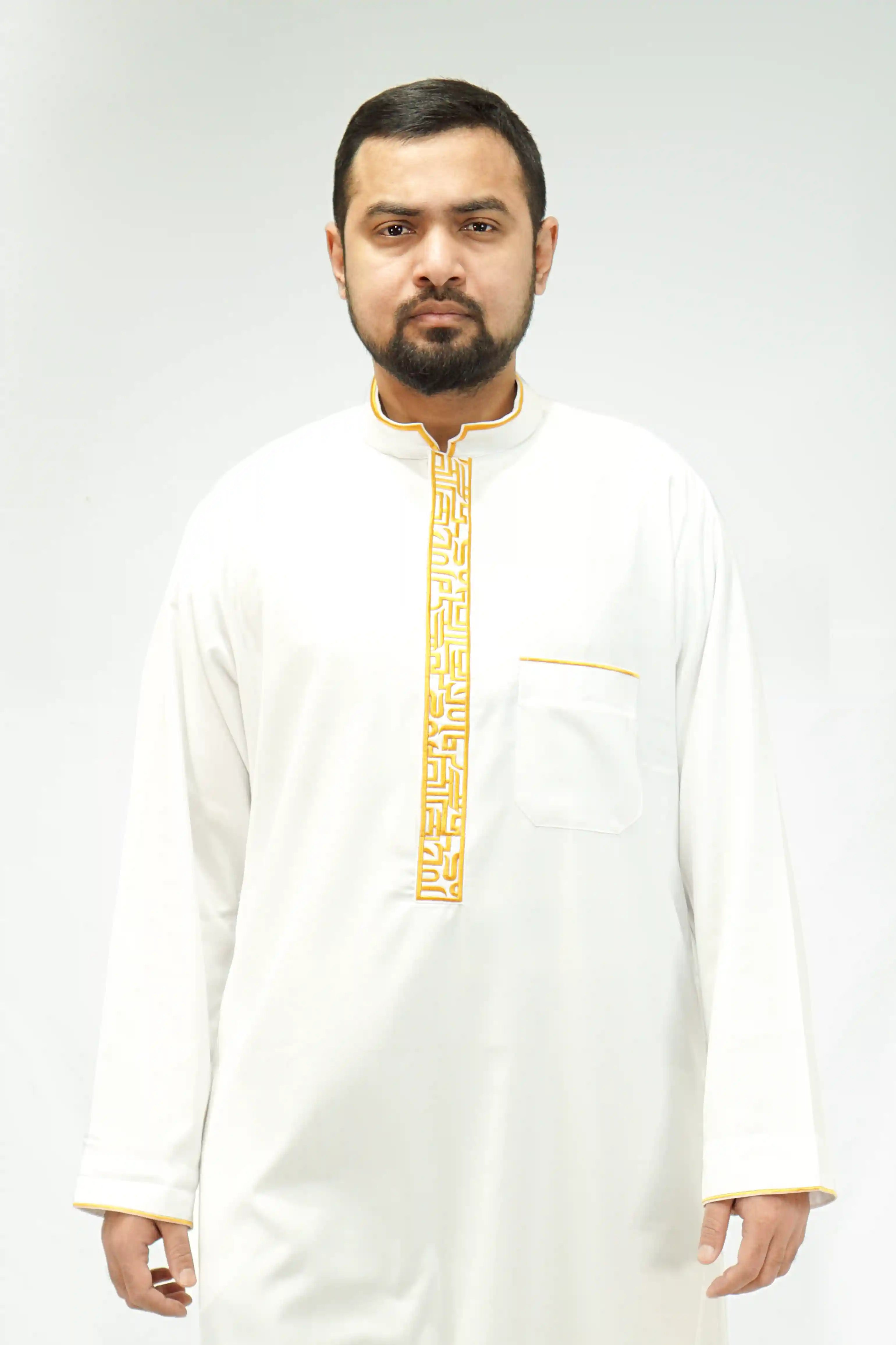 White & Gold Luxury Designer Thobe With Collar - almanaar Islamic Store