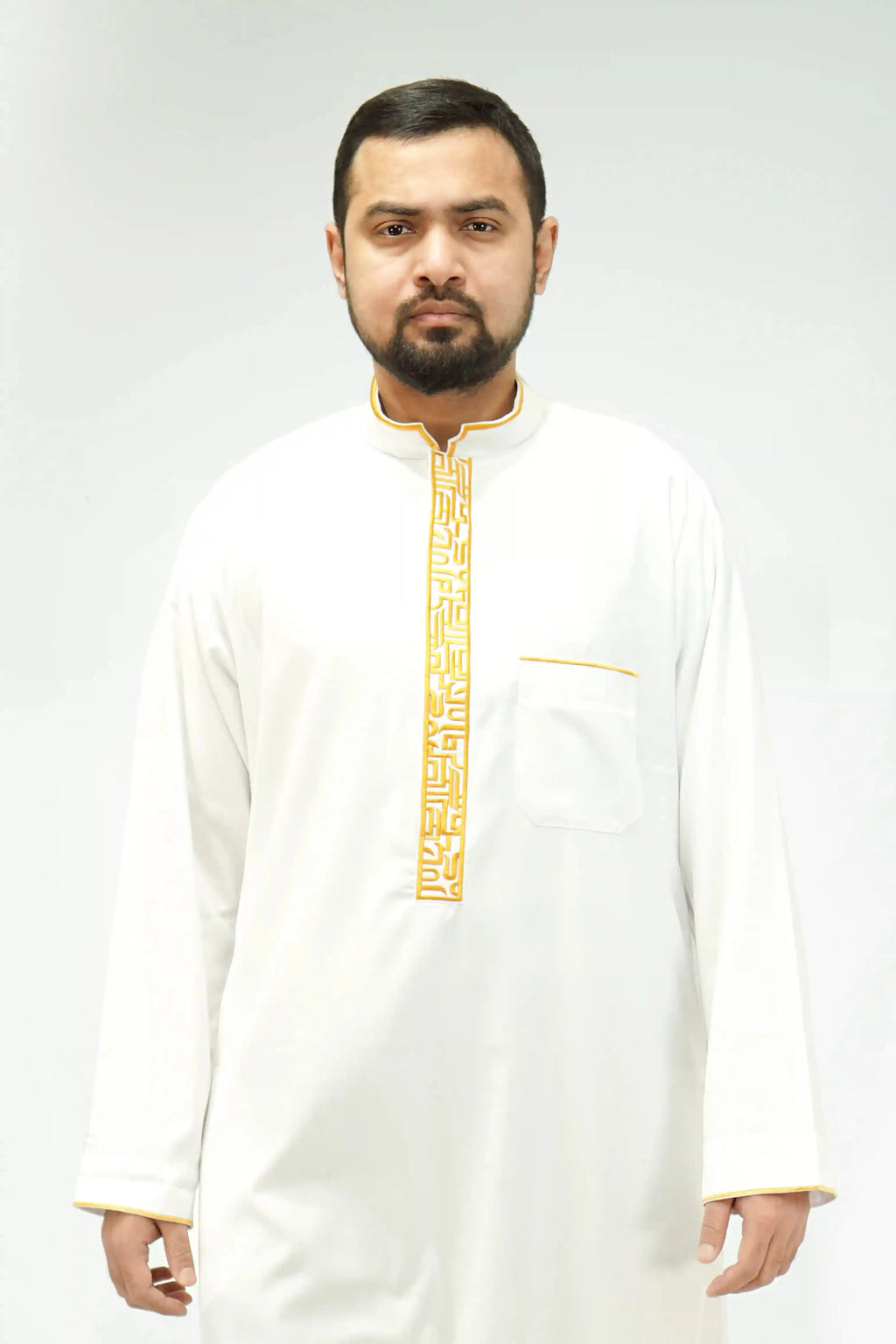 White & Gold Luxury Designer Thobe With Collar - almanaar Islamic Store