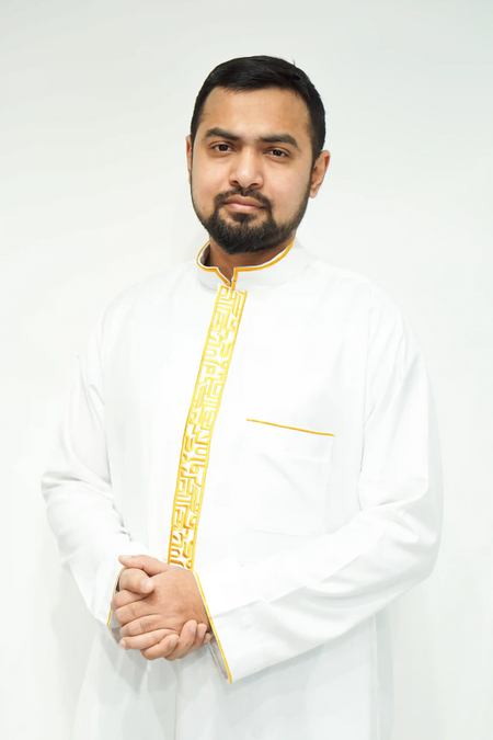 White & Gold Luxury Designer Thobe With Collar - almanaar Islamic Store