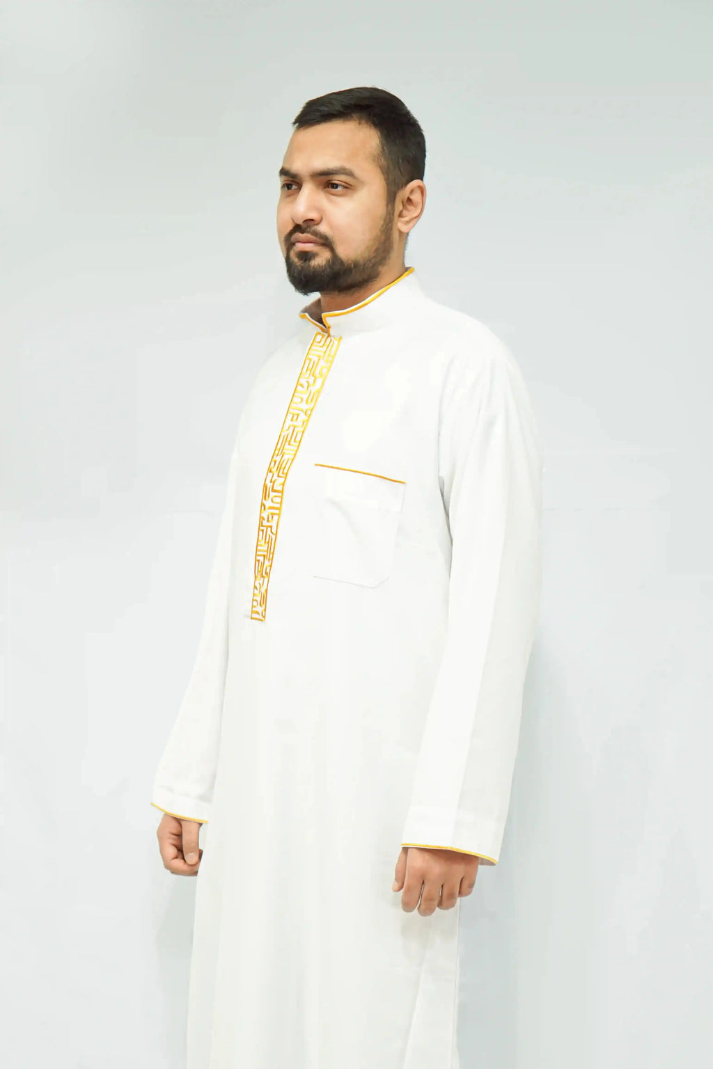 White & Gold Luxury Designer Thobe With Collar - almanaar Islamic Store