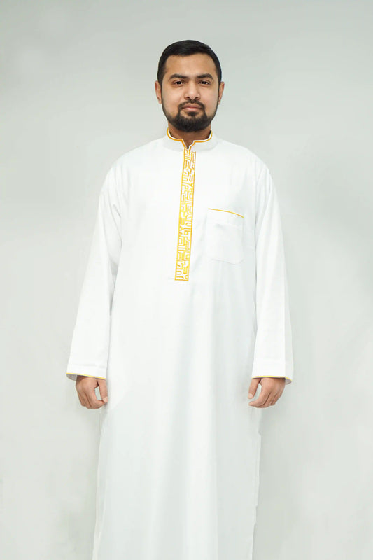 White & Gold Luxury Designer Thobe With Collar | Almanaar Islamic Store