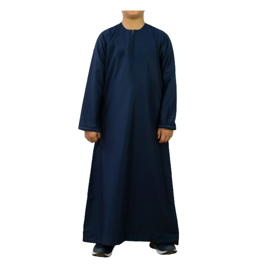 Omani Style Collarless Kids Thobe with Zip- Navy - almanaar Islamic Store