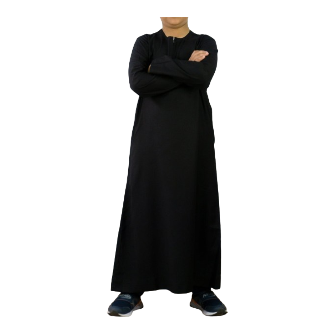 Omani Style Collarless Kids Thobe with Zip- Black - almanaar Islamic Store