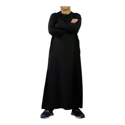 Omani Style Collarless Kids Thobe with Zip- Black
