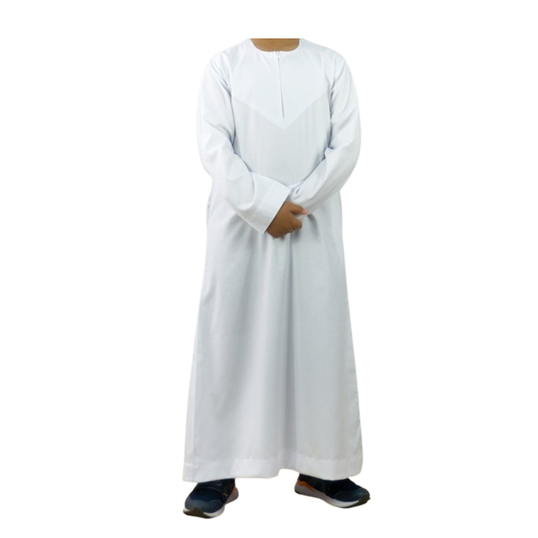 Omani Style Collarless Kids Thobe with Zip- White - almanaar Islamic Store