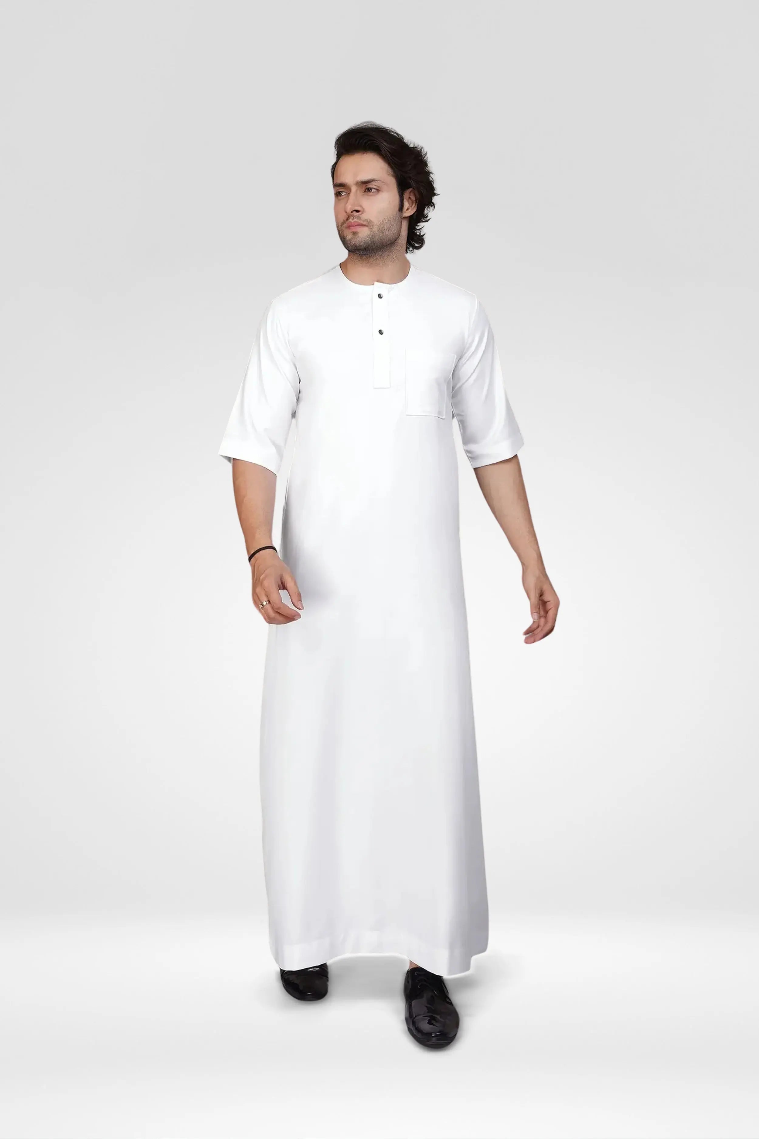 White Short Sleeve Thobe With Buttons almanaar