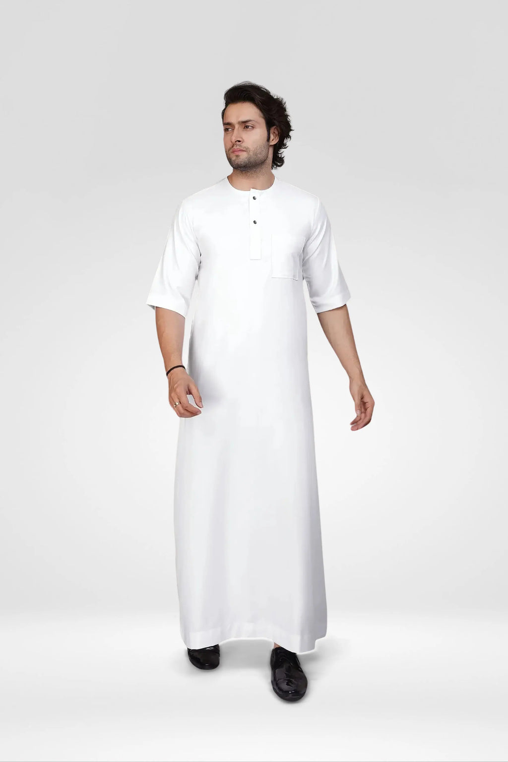 White Short Sleeve Thobe With Buttons almanaar