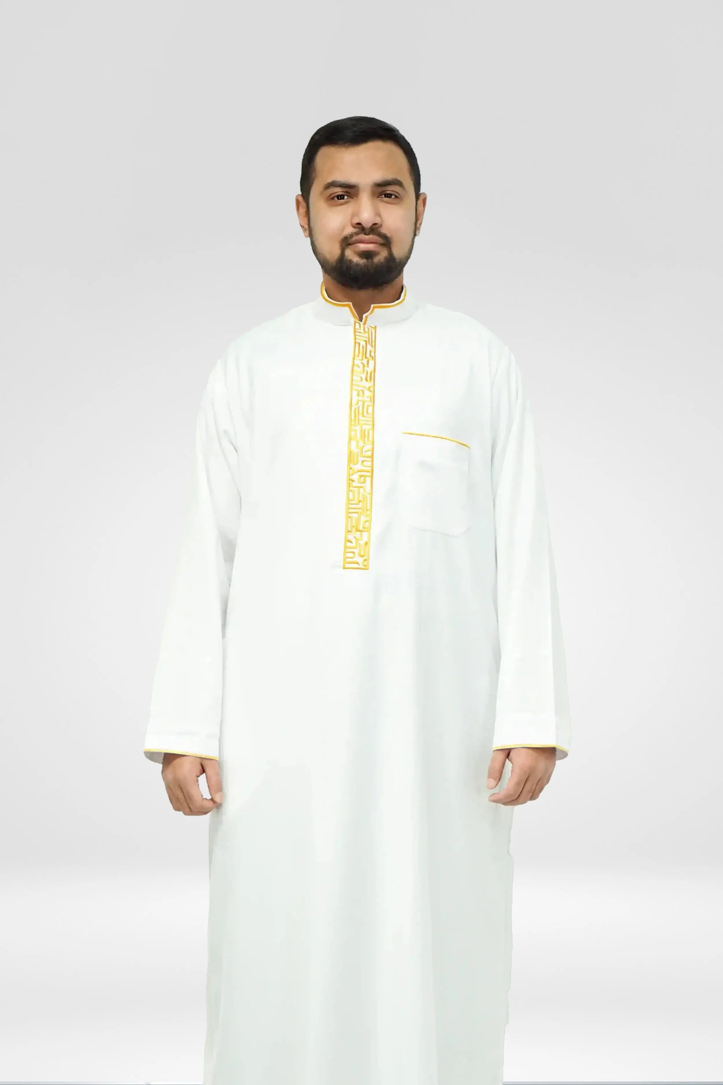 White & Gold Luxury Designer Thobe With Collar almanaar