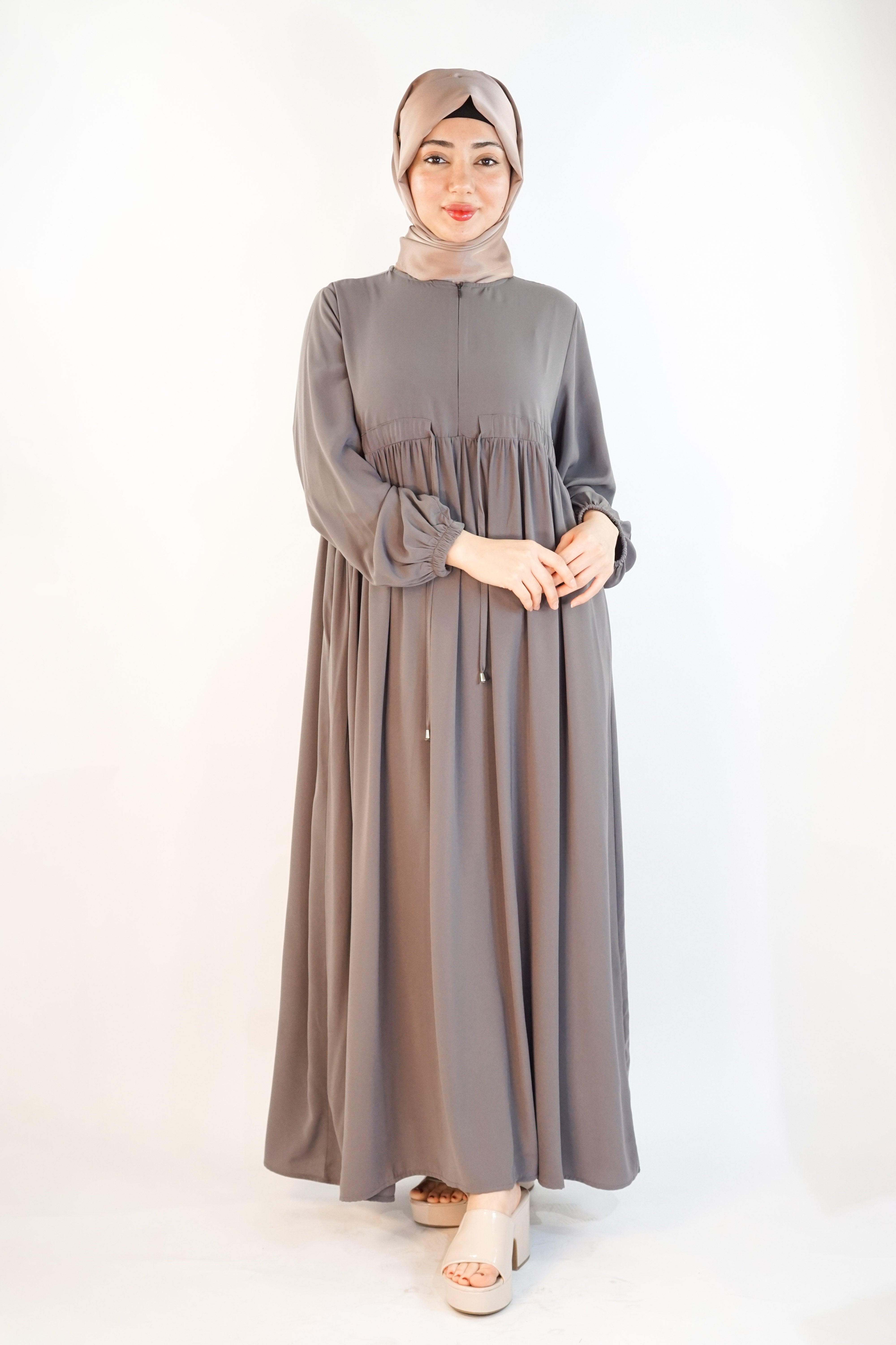 Long Summer Dress with Belt Grey | Almanaar Islamic Store