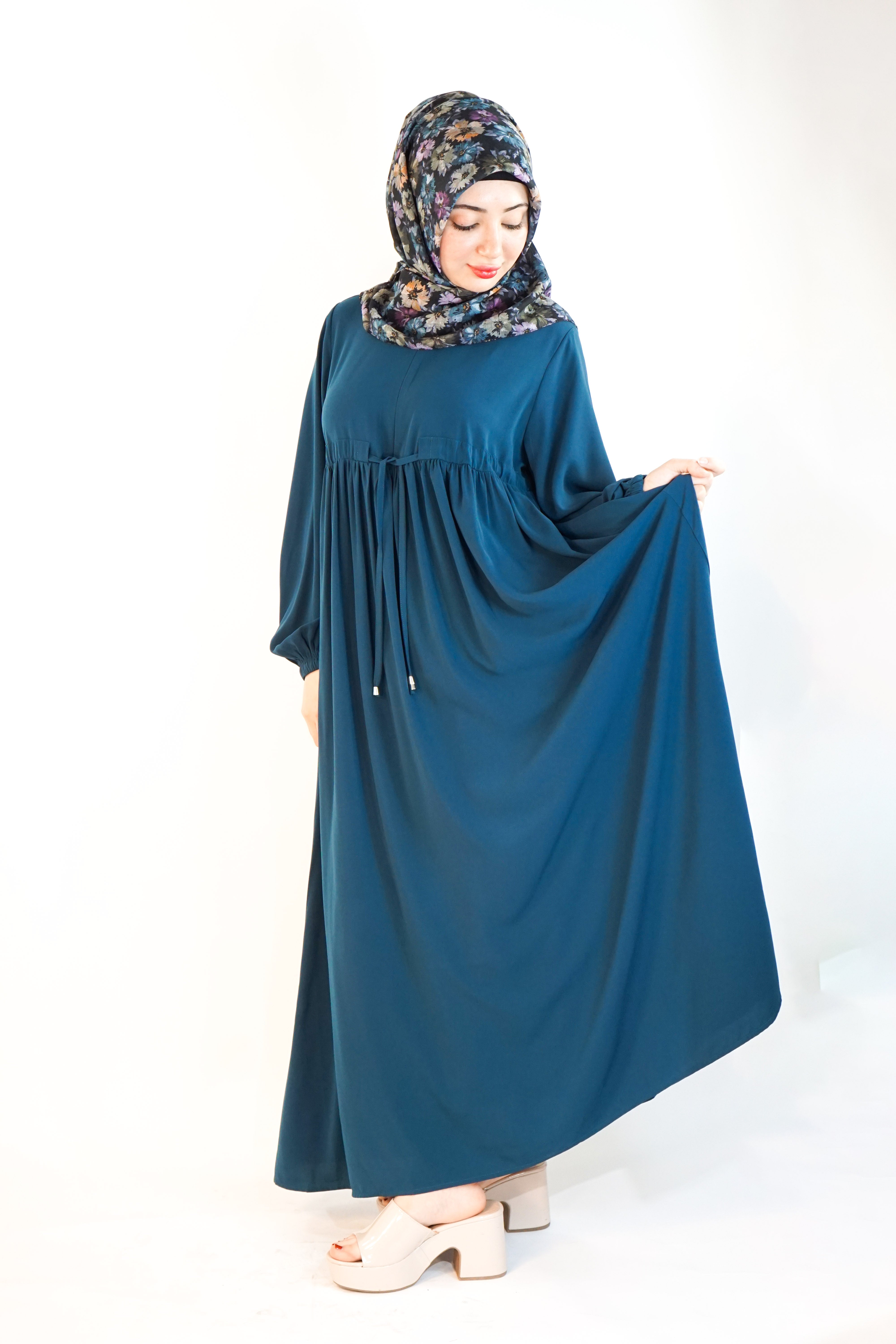 Long Summer Dress with Belt Teal | Almanaar Islamic Store