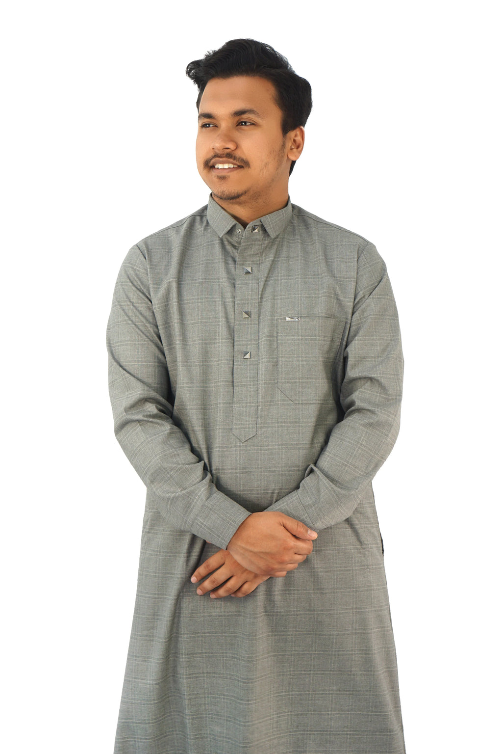 Men's Classic Ash Grey Thobe – Elegant Checkered Design - almanaar Islamic Store