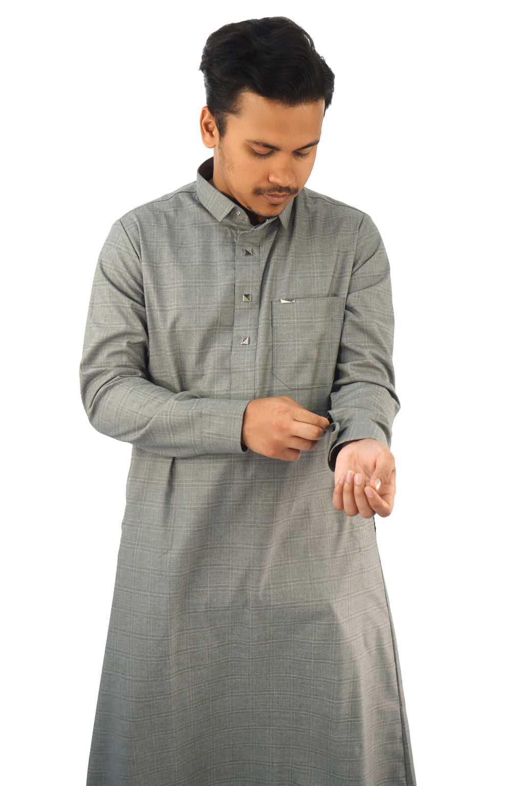 Men's Classic Ash Grey Thobe – Elegant Checkered Design - almanaar Islamic Store