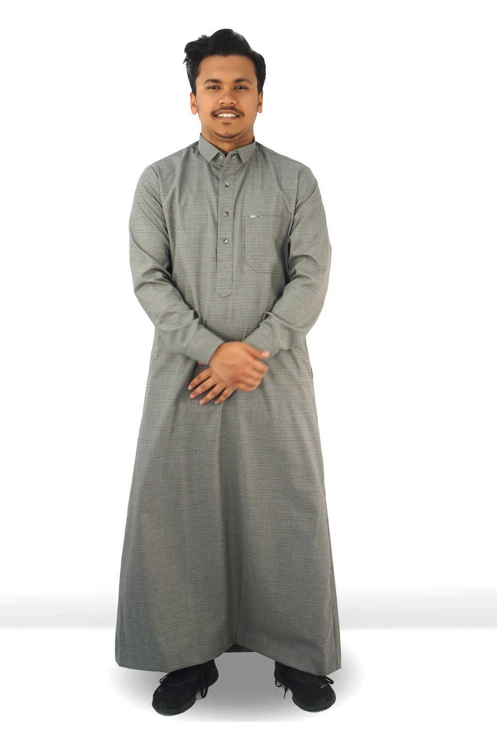 Men's Classic Ash Grey Thobe – Elegant Checkered Design - almanaar Islamic Store