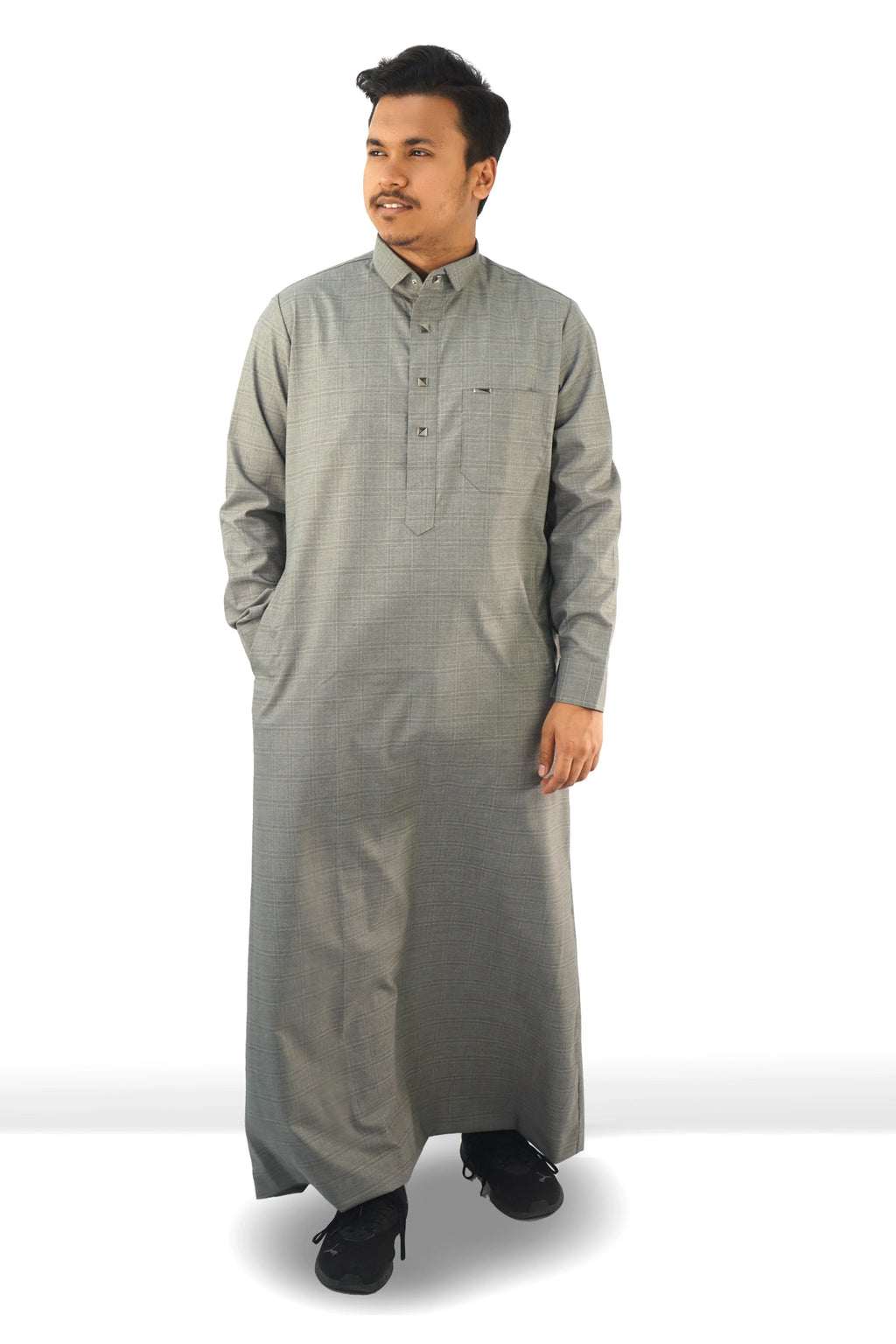 Men's Classic Ash Grey Thobe – Elegant Checkered Design - almanaar Islamic Store