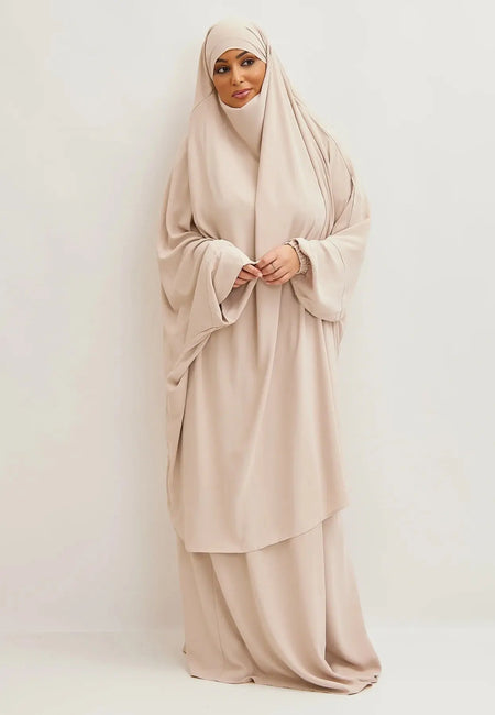 Beige Premium Two Piece Medina Silk Jilbab Set-almanaar Islamic Store