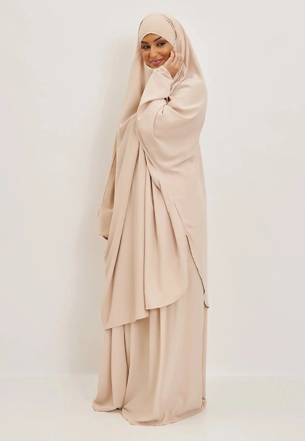 Beige Premium Two Piece Medina Silk Jilbab Set-almanaar Islamic Store