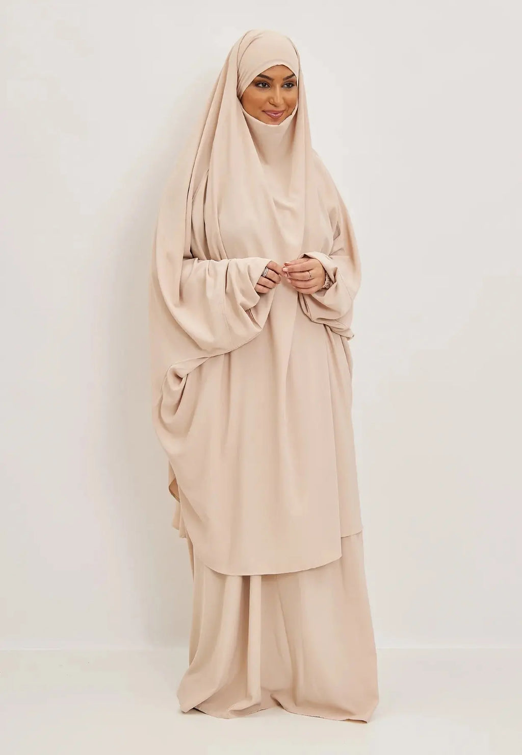 Beige Premium Two Piece Medina Silk Jilbab Set-almanaar Islamic Store