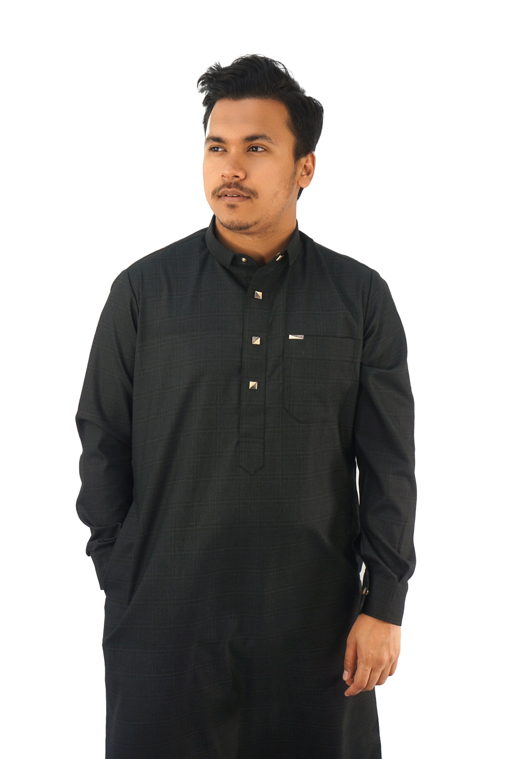 Men's Classic Black Thobe – Elegant Checkered Design - almanaar Islamic Store