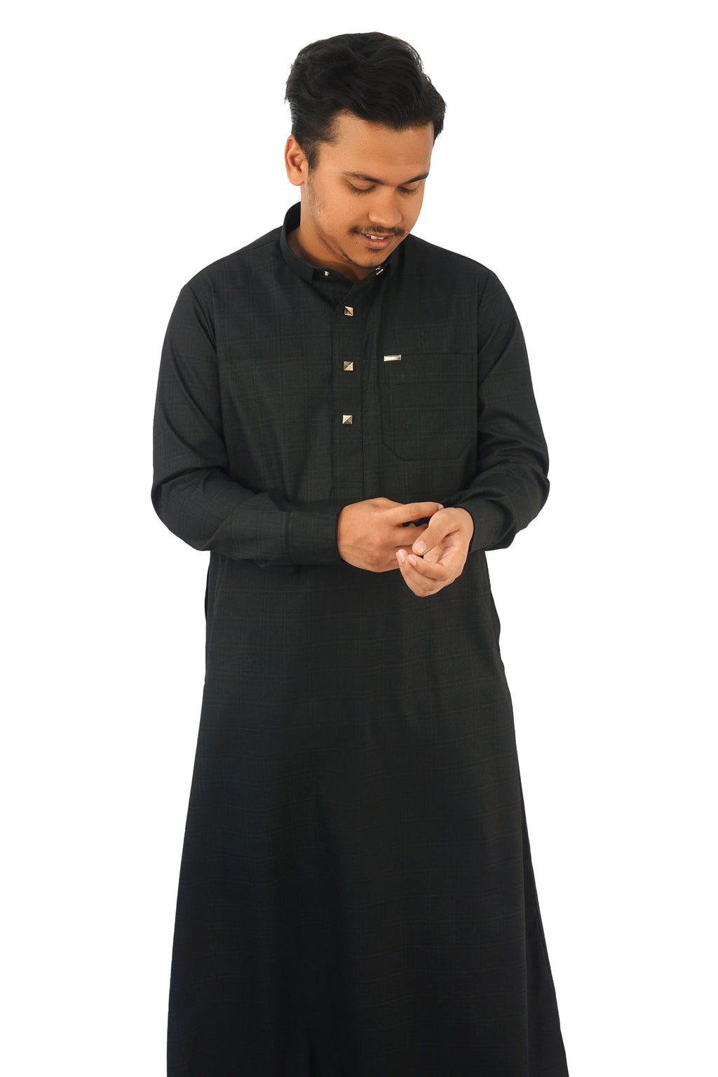 Men's Classic Black Thobe – Elegant Checkered Design - almanaar Islamic Store