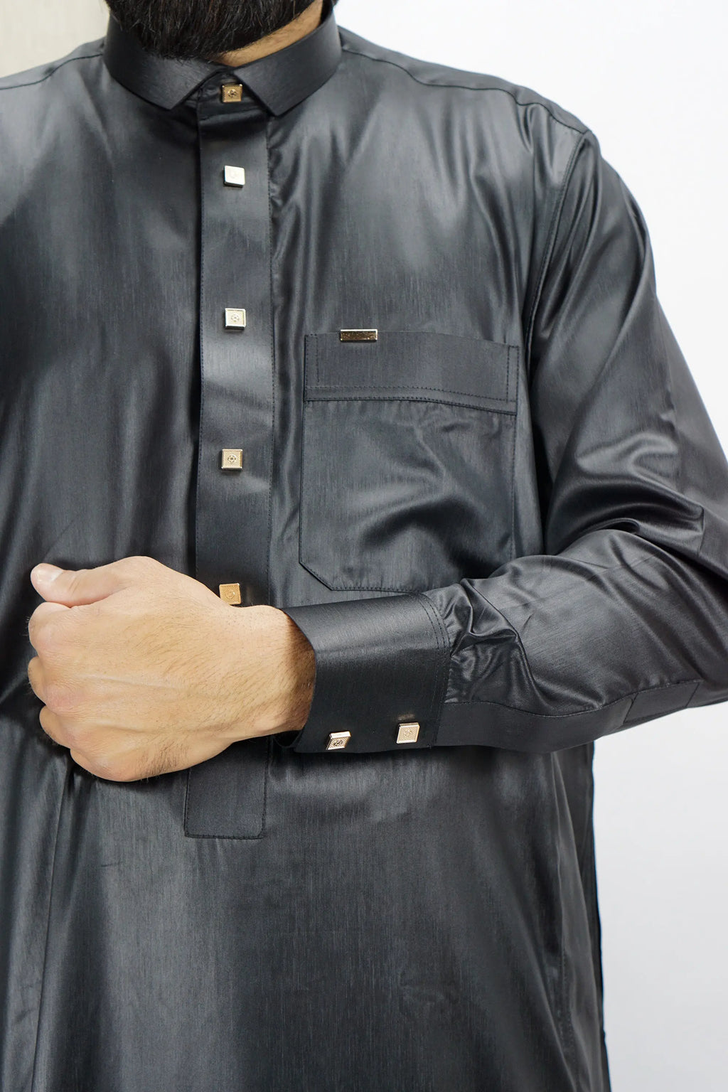 Black Luxury Thobe With Premium Buttons-almanaar Islamic Store