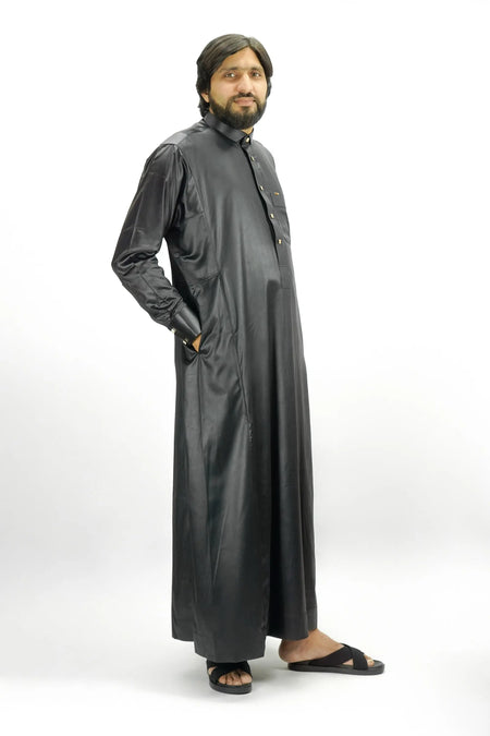 Black Luxury Thobe With Premium Buttons-almanaar Islamic Store