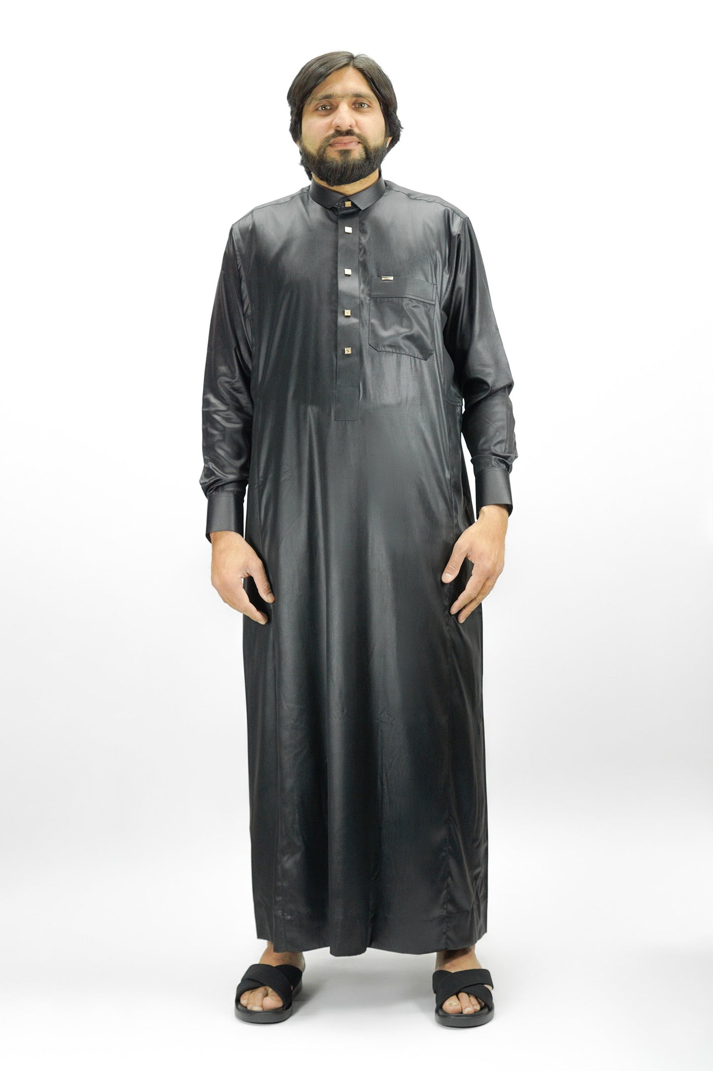 Black Luxury Thobe With Premium Buttons-almanaar Islamic Store