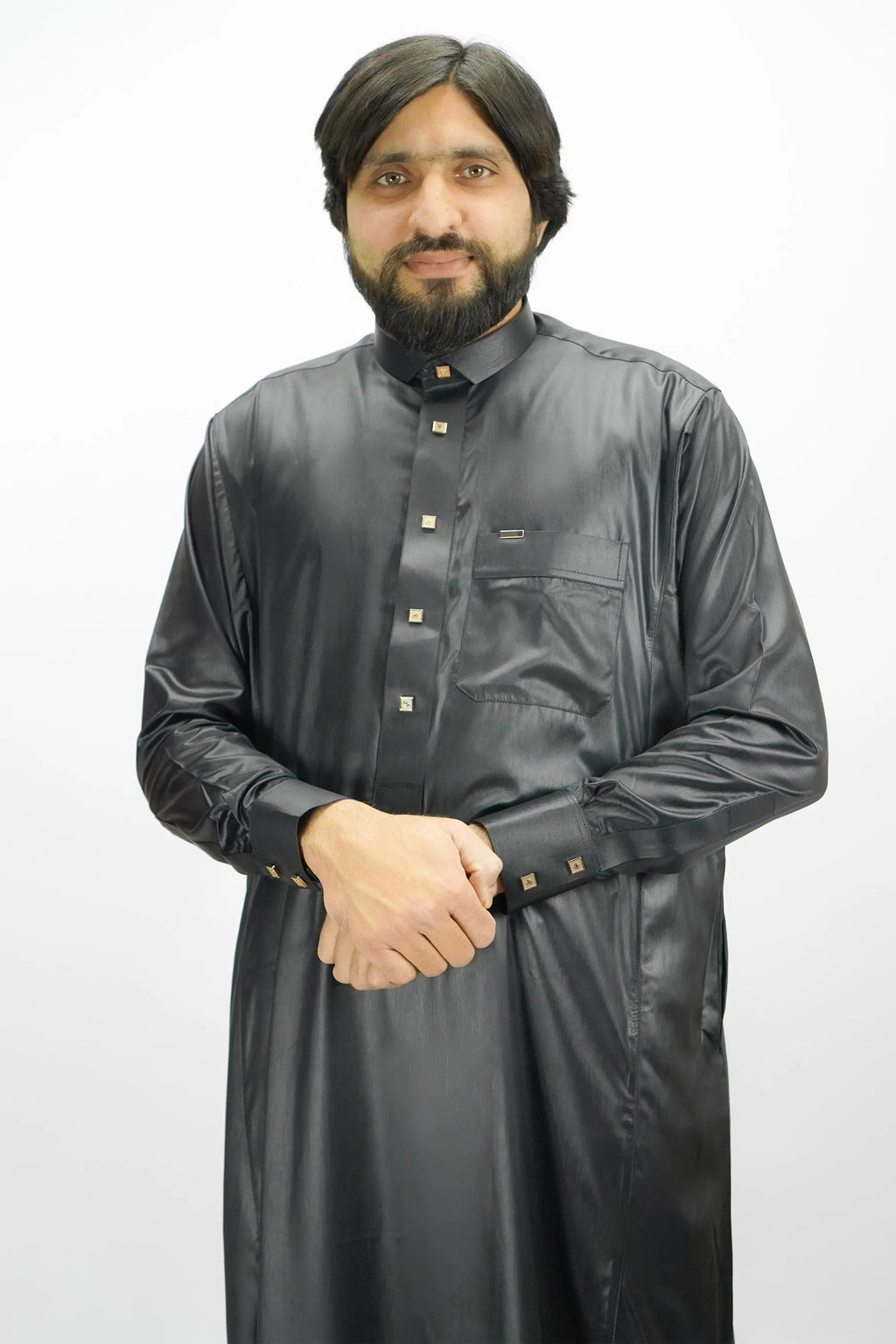 Black Luxury Thobe With Premium Buttons-almanaar Islamic Store