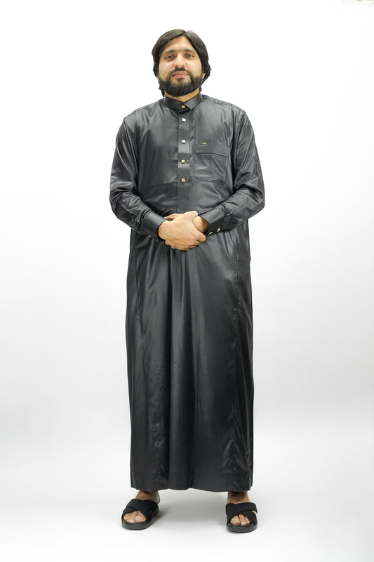 Black Luxury Thobe With Premium Buttons-almanaar Islamic Store