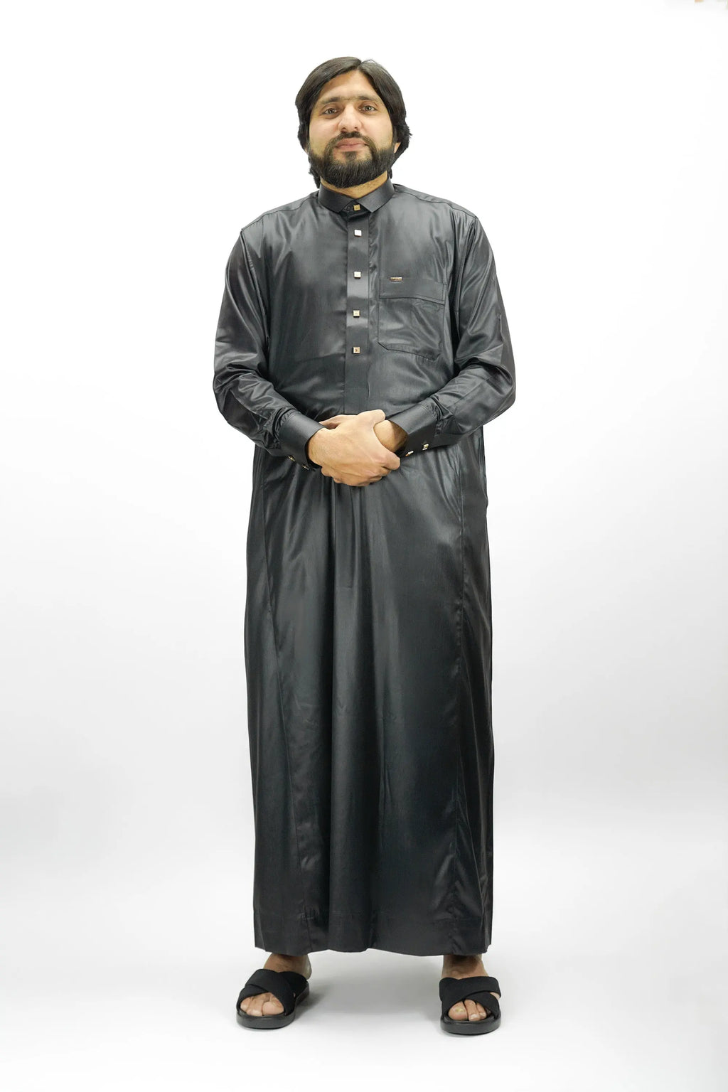 Black Luxury Thobe With Premium Buttons-almanaar Islamic Store