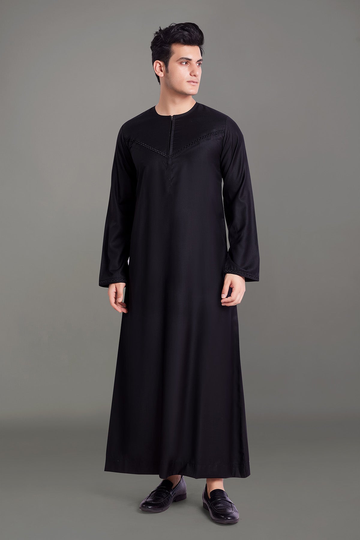 Black Omani Thobe With Front Zip-almanaar Islamic Store