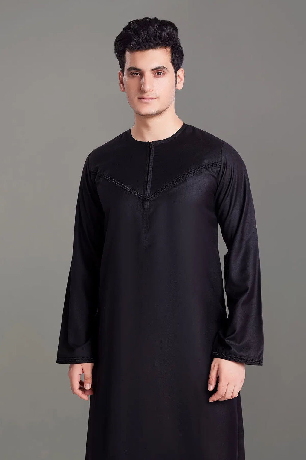 Black Omani Thobe With Front Zip-almanaar Islamic Store