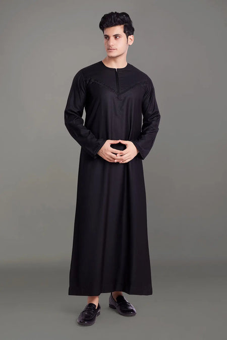 Black Omani Thobe With Front Zip-almanaar Islamic Store