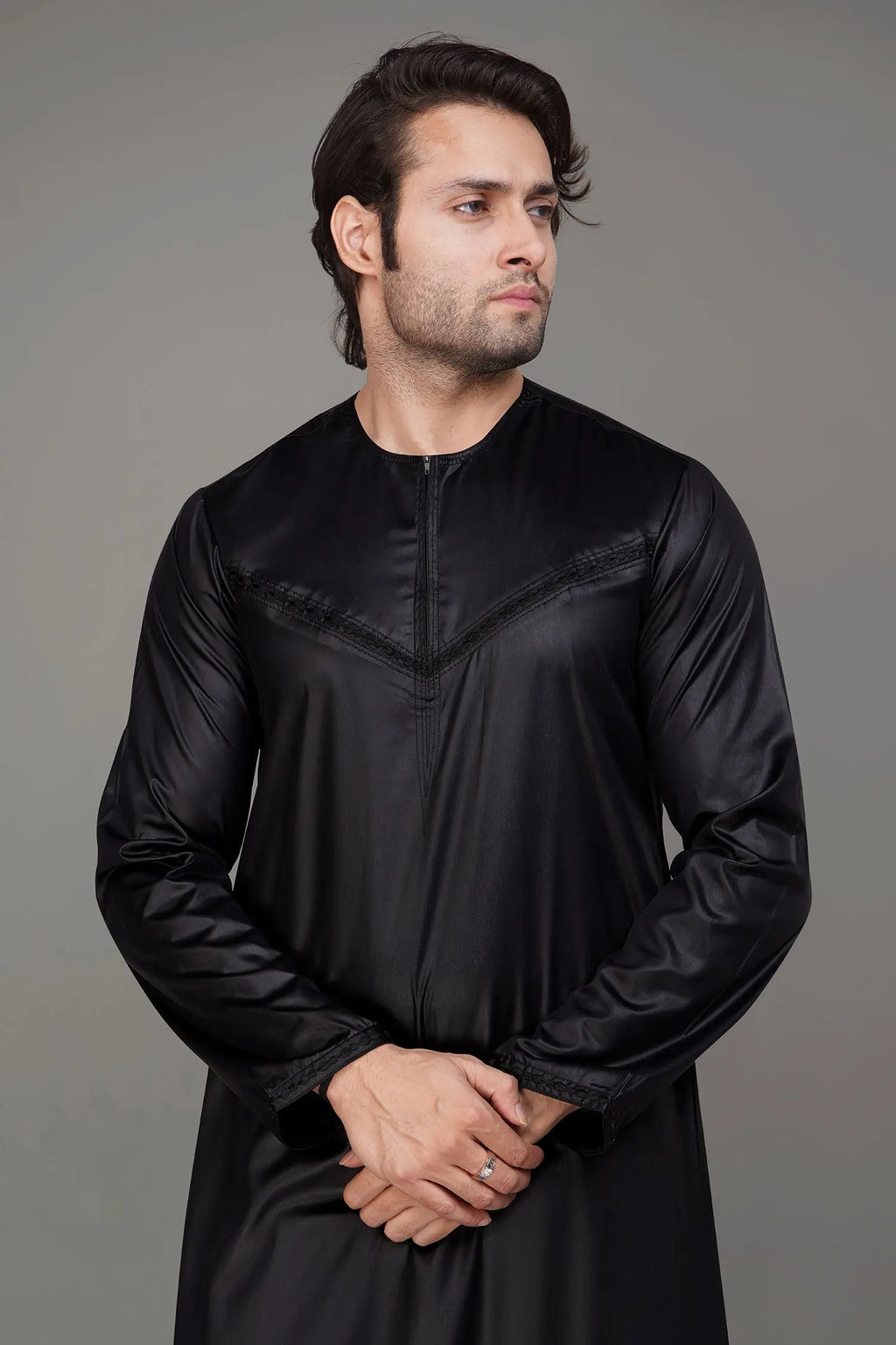 Black Shiny Omani Thobe With Front Zip-almanaar Islamic Store