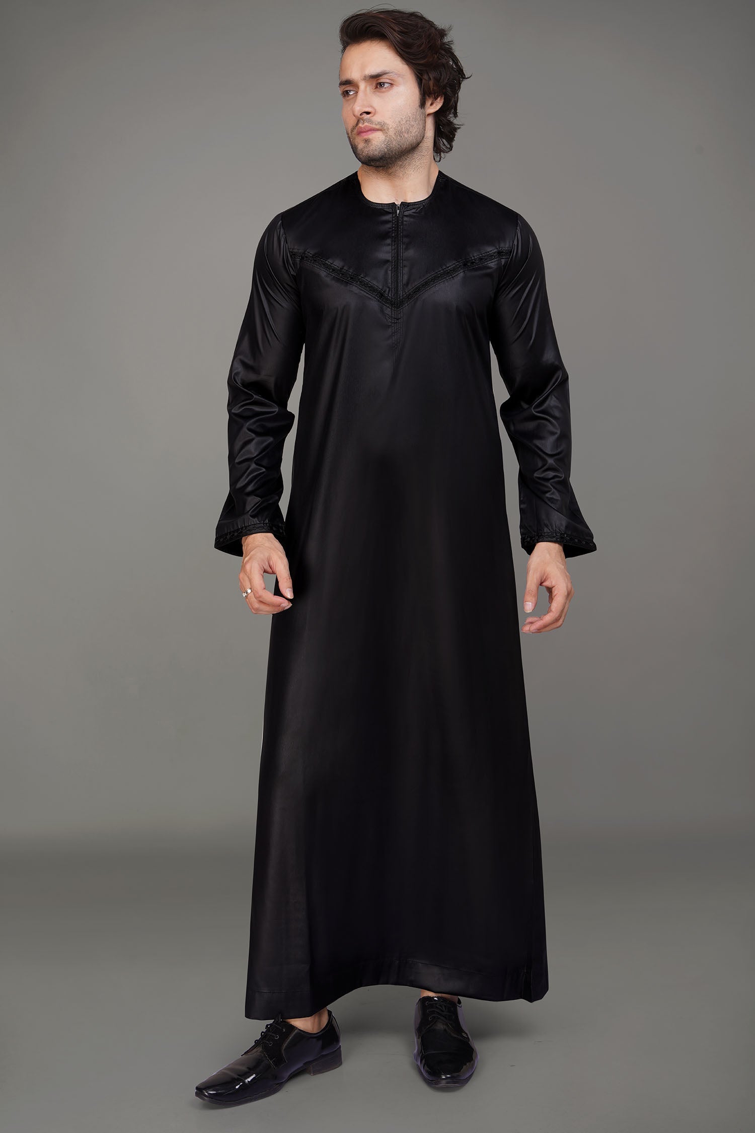 Black Shiny Omani Thobe With Front Zip-almanaar Islamic Store