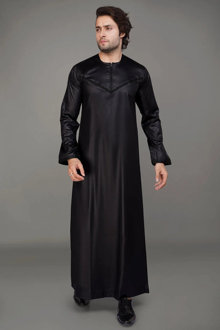 Black Shiny Omani Thobe With Front Zip-almanaar Islamic Store