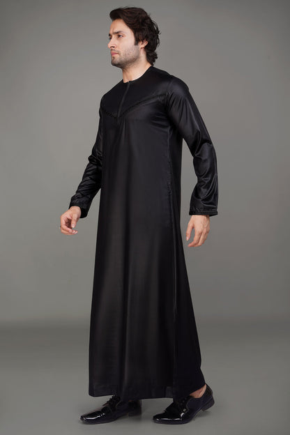 Black Shiny Omani Thobe With Front Zip-almanaar Islamic Store