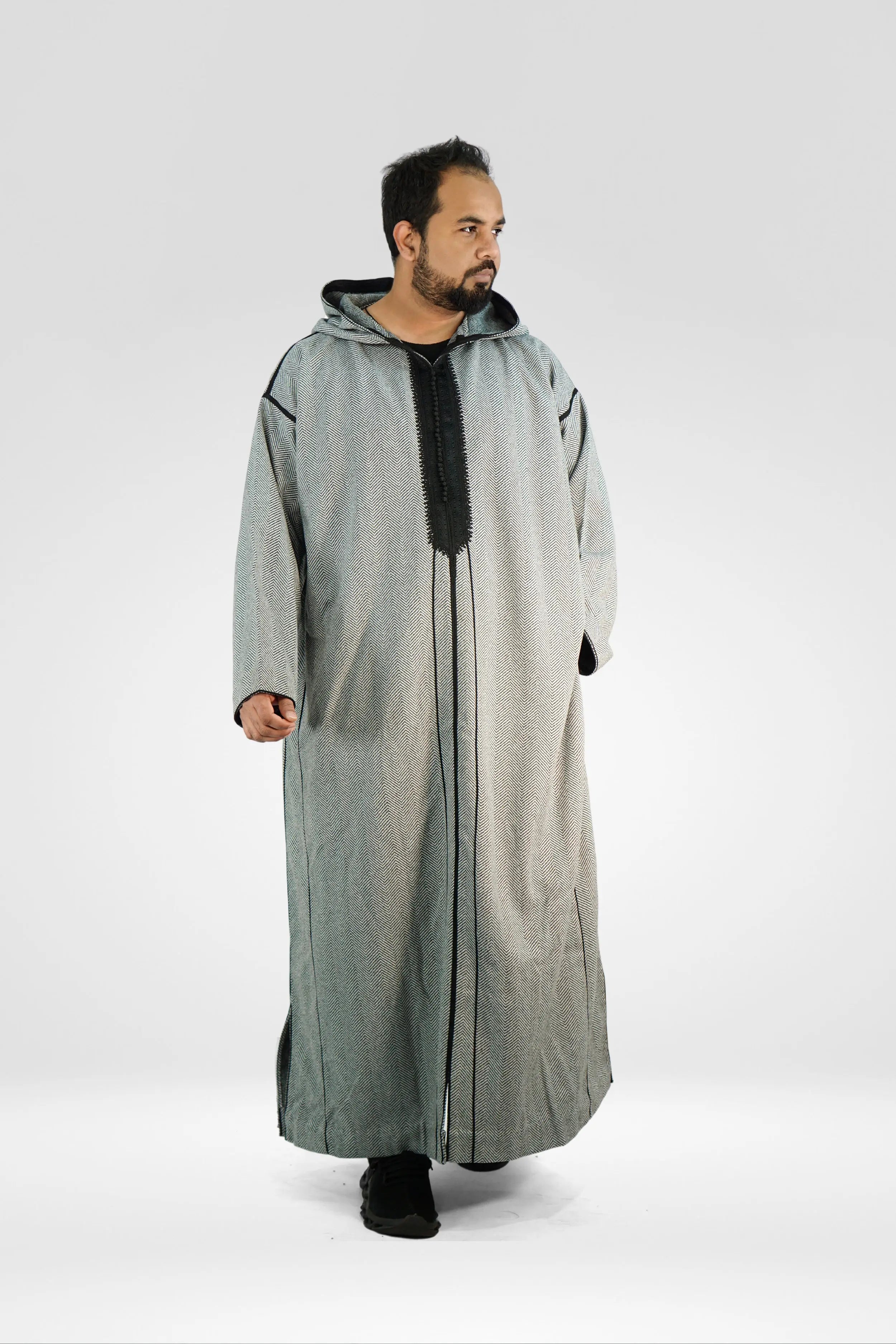 Shabron Thick Winter Thobe With Hoodie - Grey and Black almanaar Islamic Store