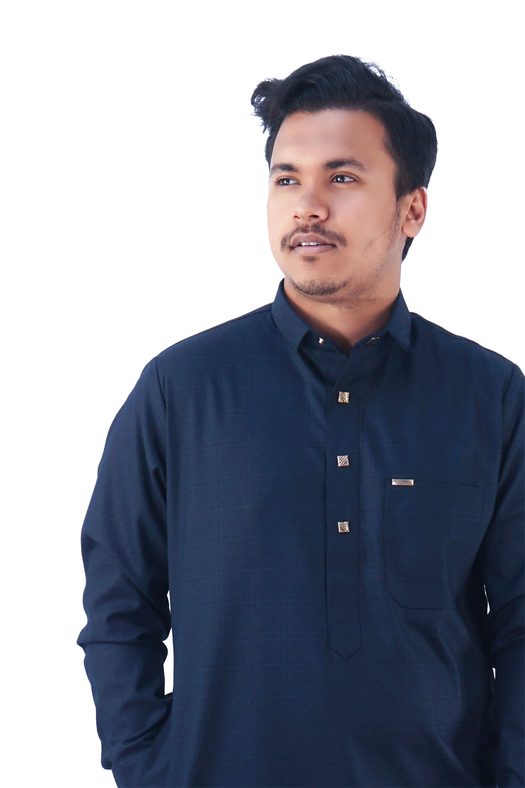 Men's Classic Navy Thobe – Elegant Checkered Design - almanaar Islamic Store