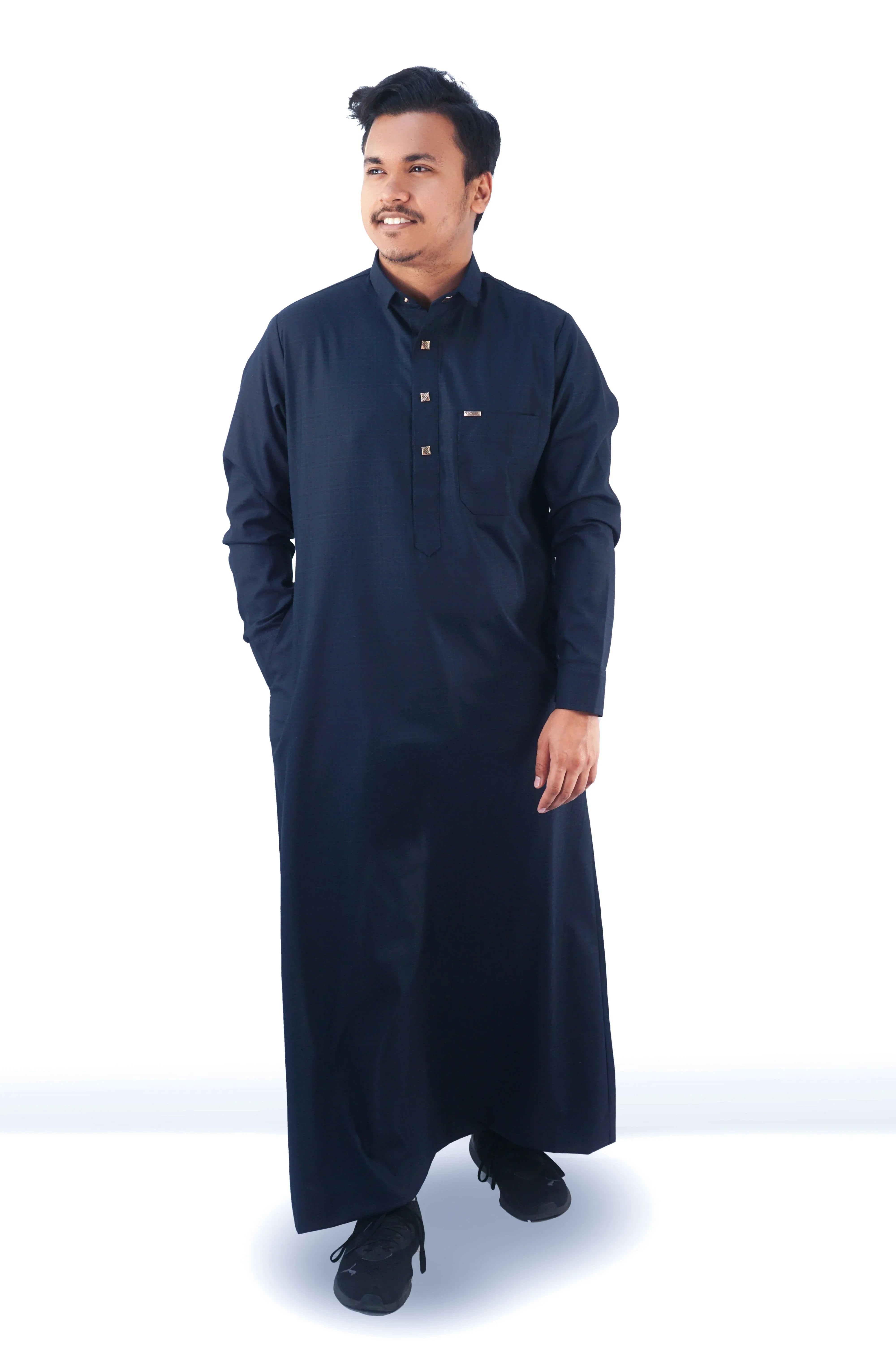 Men's Classic Navy Thobe – Elegant Checkered Design - almanaar Islamic Store