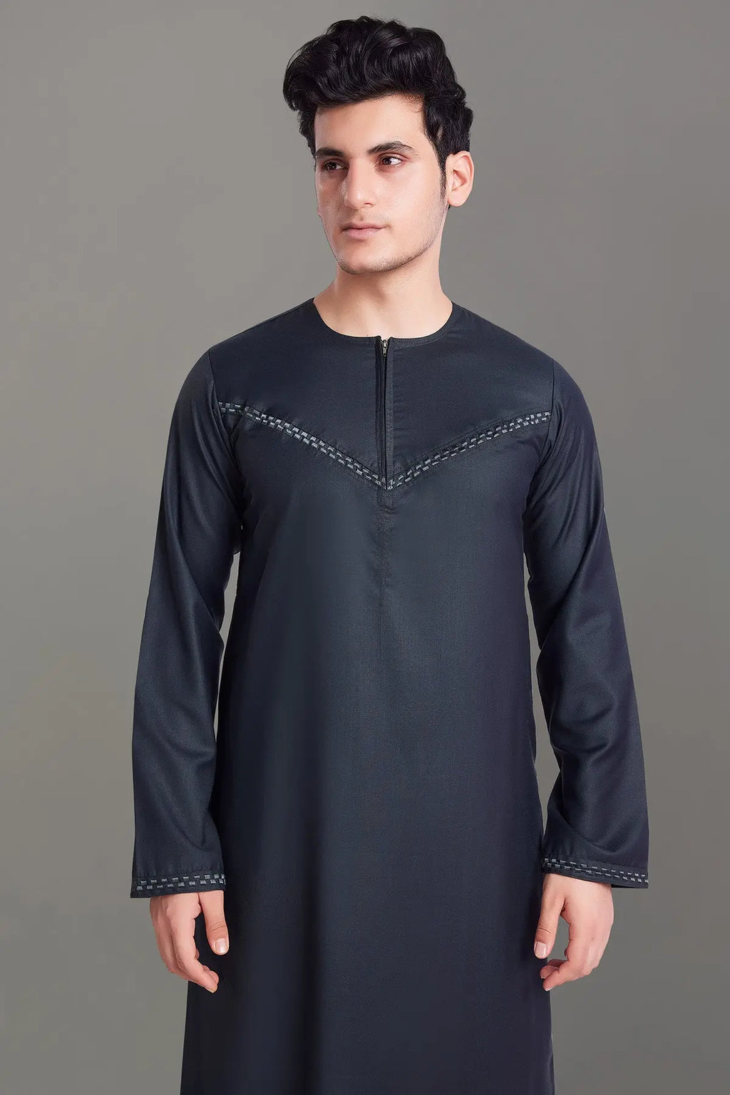 Charcoal Grey Omani Thobe With Front Zip-almanaar Islamic Store