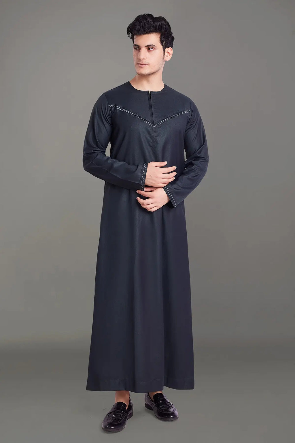 Charcoal Grey Omani Thobe With Front Zip-almanaar Islamic Store