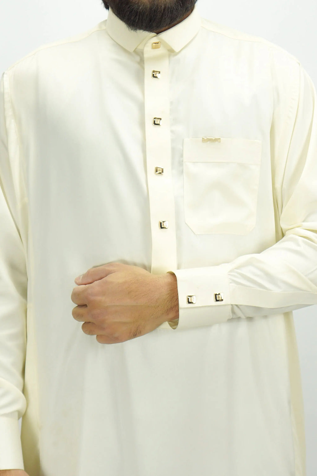 Cream Luxury Thobe With Premium Buttons-almanaar Islamic Store