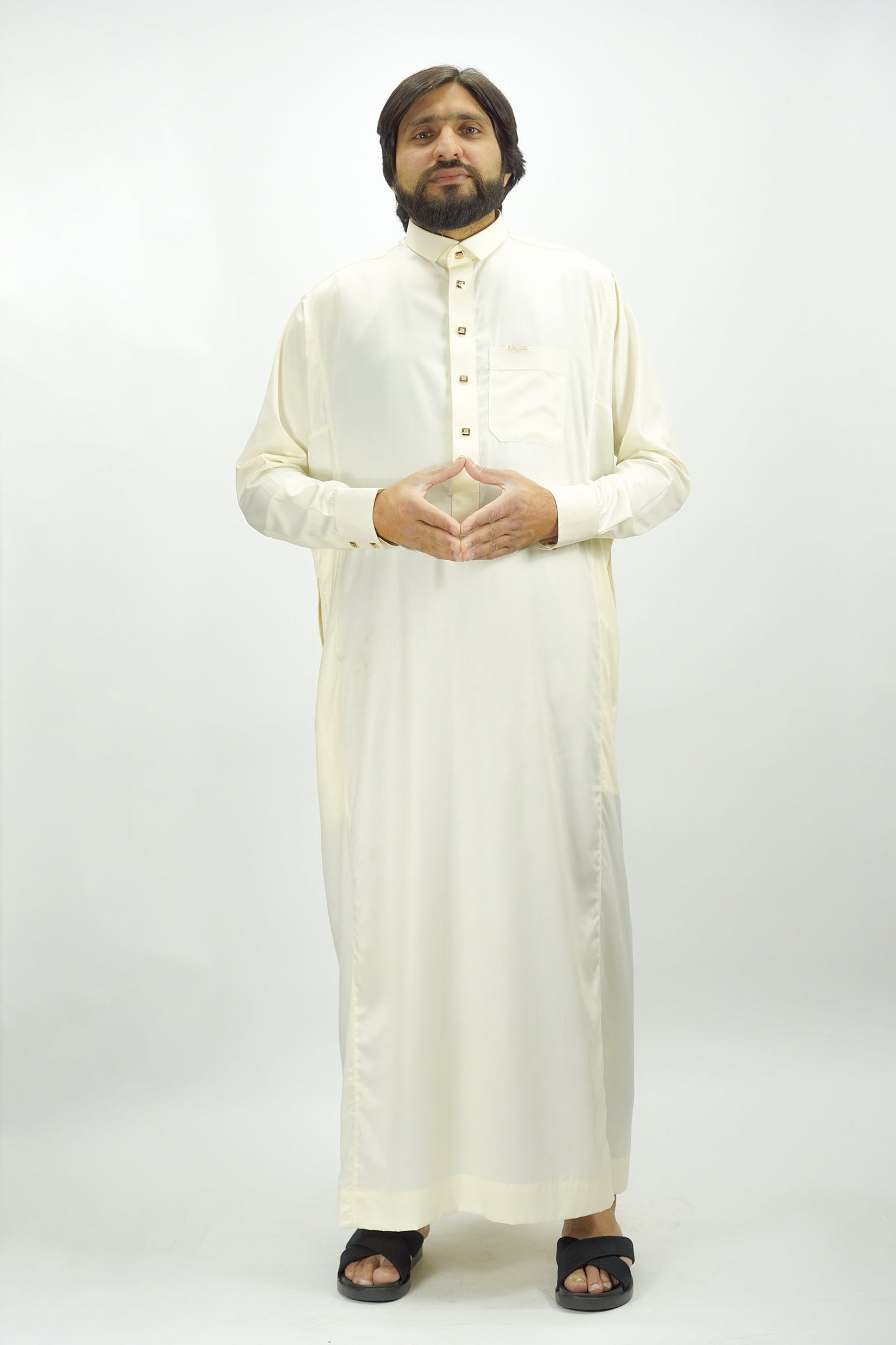 Cream Luxury Thobe With Premium Buttons-almanaar Islamic Store