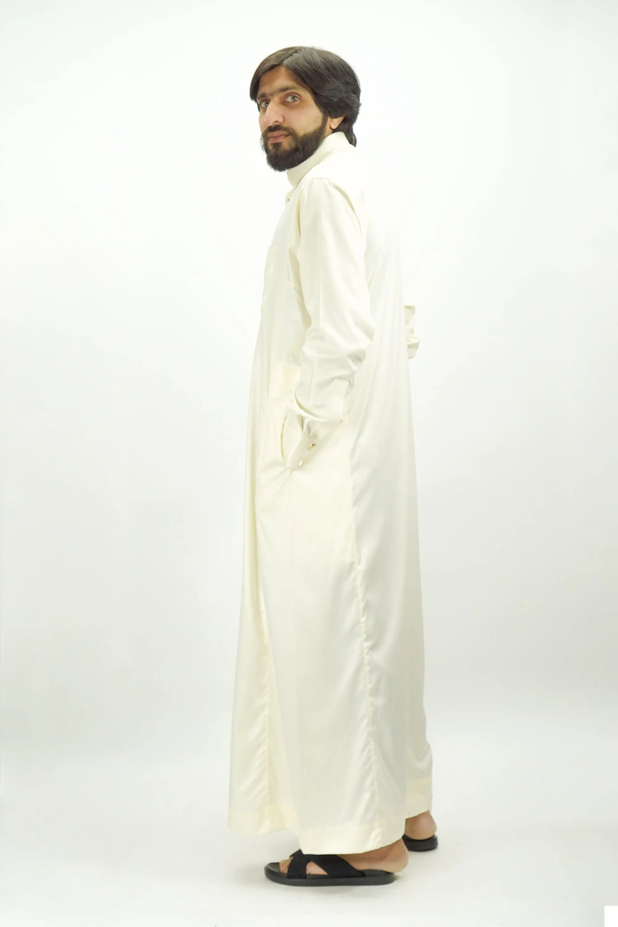 Cream Luxury Thobe With Premium Buttons-almanaar Islamic Store