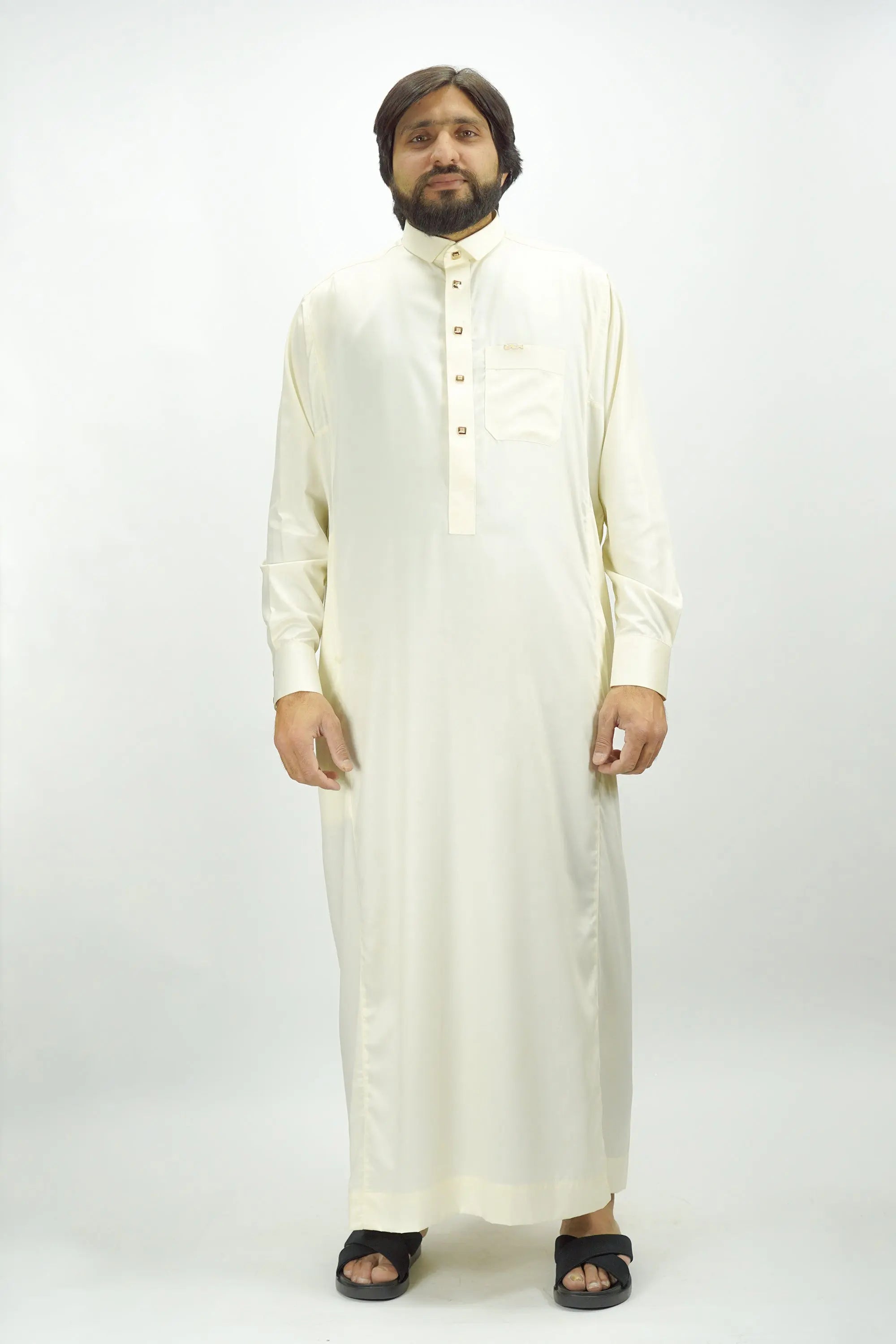 Cream Luxury Thobe With Premium Buttons-almanaar Islamic Store