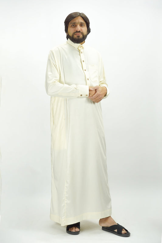 Cream Luxury Thobe With Premium Buttons-almanaar Islamic Store